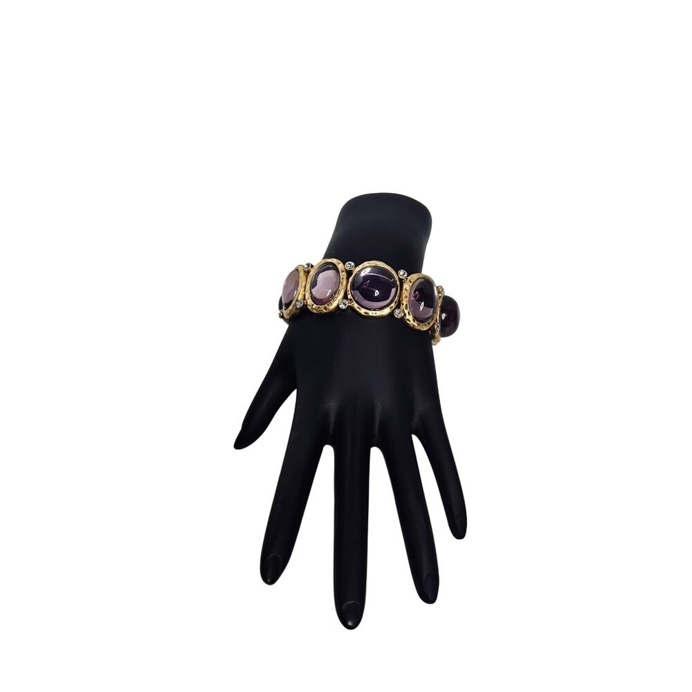Kenneth Lane Gold Tone, Rhinestone And Purple Cabochon Stretch Bracelet (6246)